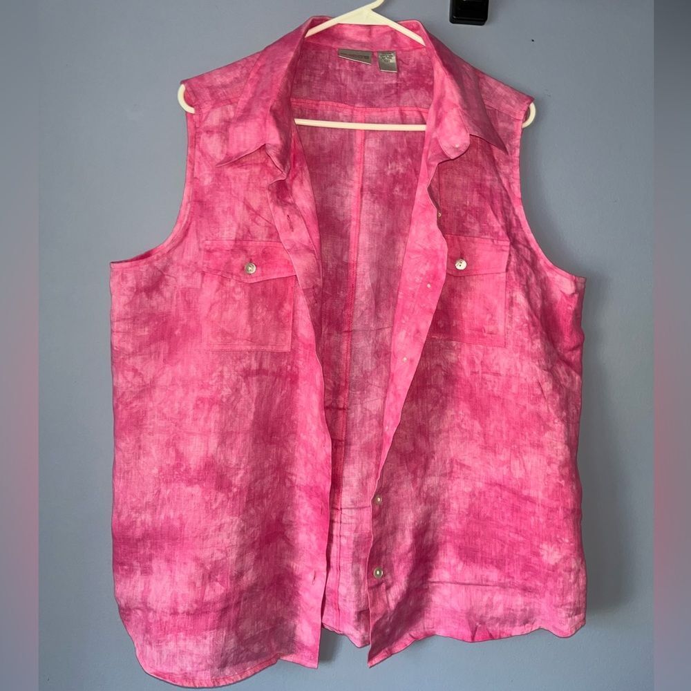 Chicos Linen Dip Dye Sleeveless Button Up Tank Top Shirt Pink XL